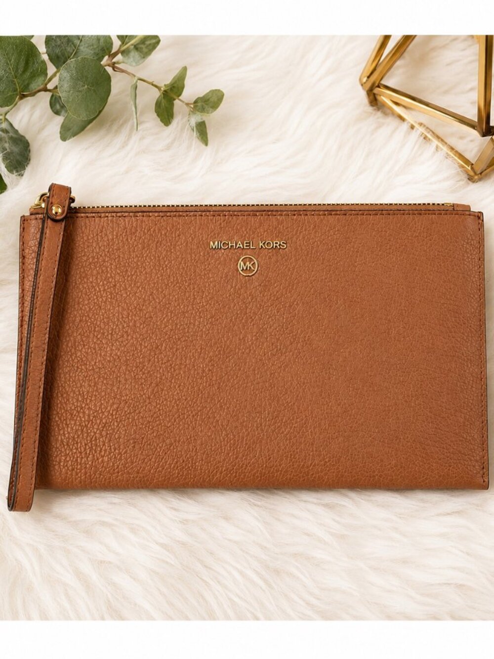 Michael Kors Taupe Pebbled Leather Wristlet Clutch Wallet Gold Logo NWOT